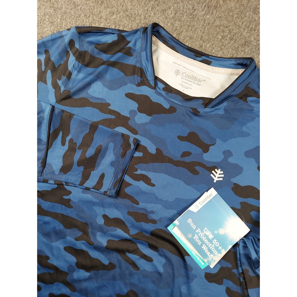 Coolibar Match Point Shirt Womens Large Blue Camo UPF 50 Active Long Sleeve NWT
